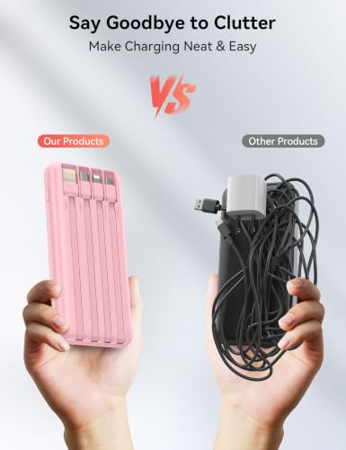 Nusyddy Portable Charger 10000mAh with 4 Built-in Cables & 6 Outputs Pink - color: Pink