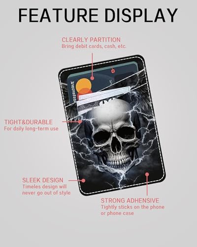 Phone Card Holder, Dual Pocket Leather Phone Wallet Adhesive Stick On, Cute Card Holder, Credit Card Holder for Phone Case Cool Skull - color: Cool Skull