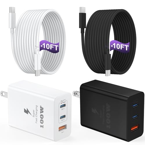 USB C Charger Block 100W, 3-Port Super Fast Chargers with 10 FT USB C Cable - color: White+Black