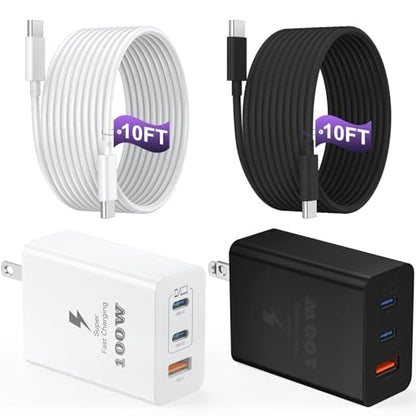 USB C Charger Block 100W, 3-Port Super Fast Chargers with 10 FT USB C Cable - color: White+Black