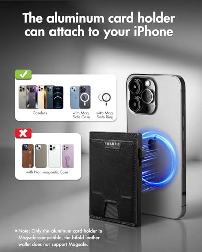 iwantit 3 in 1 Magsafe Wallet Men: Bifold Wallet + Magnetic Wallet for iPhone - Detachable Cash Strap, Smart Pop Up Card Holder, ID Window, Premium Leather (Black) - color: Black