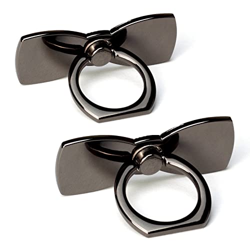 [2 Pack] Sparkling Bowtie Ultra-thin Cell Phone Ring Holder Stand,360 Degree Rotation and 180 Degree Adjustable Finger Ring Kickstand with Polished Metal Phone Grip (Black)