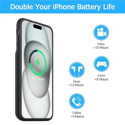 Battery Case for iPhone 15, [10000mAh] Enhanced Rechargeable Portable Protective Wireless Charger Case Battery Pack Support CarPlay Wireless Charging Case Compatible with iPhone 15 (6.1 inch)-Black - size: iPhone 15