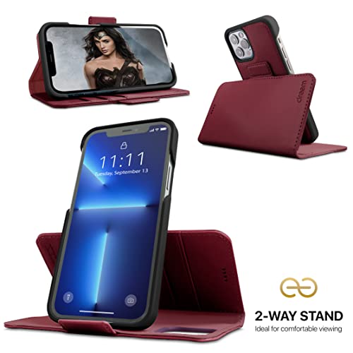 Dreem Vegan Leather Magnetic Detachable Wallet Case for iPhone 13 Pro Max | Built-in Phone Stand, RFID Blocking Card Holder Flip Cover, MagSafe Compatible, Gift Box [Fibonacci: Burgundy] - color: Burgundy, size: iPhone 13 Pro Max