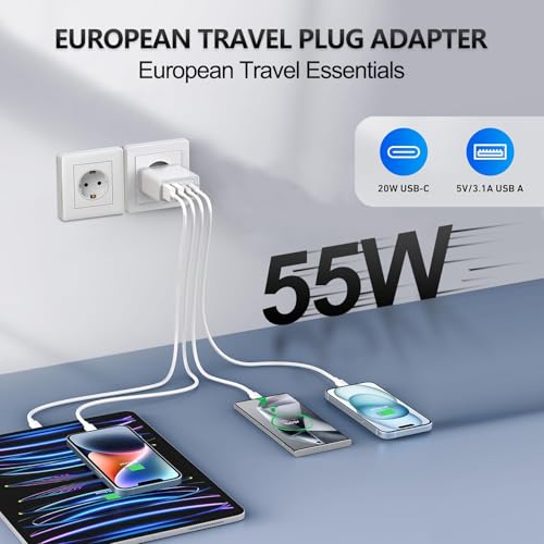 European Travel Plug Adapter USB C, 55W 4-Port European Charger - color: 55W White