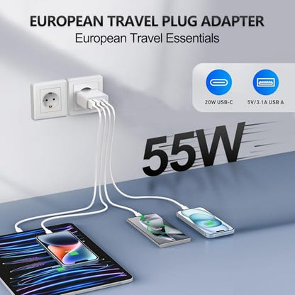 European Travel Plug Adapter USB C, 55W 4-Port European Charger - color: 55W White