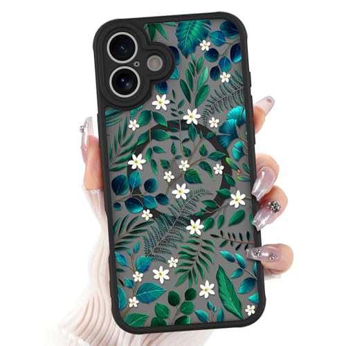 Designed for iPhone 16 Case Green Leaf Floral Pattern, Black | [Compatible with MagSafe] Translucent Matte Backplate Slim Fit Anti Shock Anti Fall Protection Phone case for Girls Women - color: Green Leaves Flower, size: iPhone 16