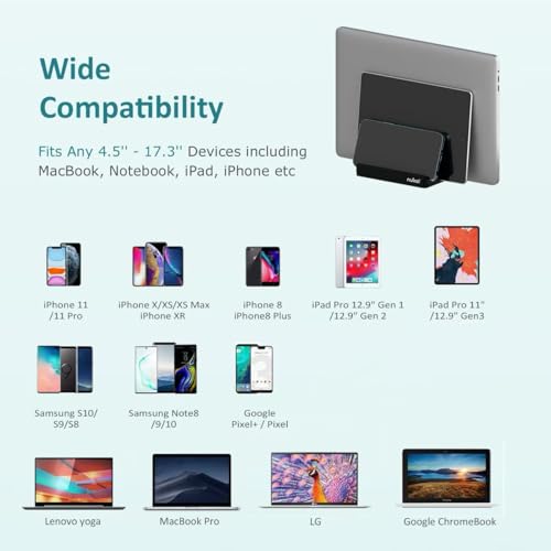 Vertical Laptop Stand - SPACEMax Adjustable GRIPLock Anti-Tip Silicone 4 Slots Aluminum Desktop Holder - Double Dock Stand - 2 Phone Slots Fits Up to 17.3” Laptops, Tablets, Phones - Black - color: Black