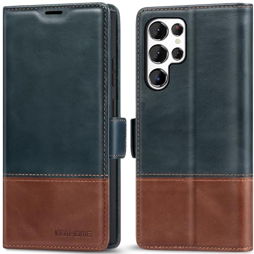 KEZiHOME Genuine Leather Wallet Case for Samsung Galaxy S24 Ultra | Navy Blue/Brown, RFID Blocking Card Slot, Kickstand, Magnetic Protective Phone Folio Cover, Compatible with Galaxy S24 Ultra - color: Navy Blue/Brown
