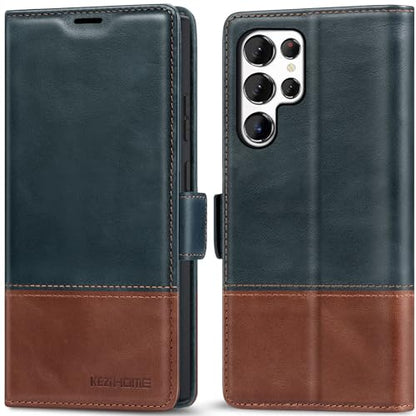 KEZiHOME Genuine Leather Wallet Case for Samsung Galaxy S24 Ultra | Navy Blue/Brown, RFID Blocking Card Slot, Kickstand, Magnetic Protective Phone Folio Cover, Compatible with Galaxy S24 Ultra - color: Navy Blue/Brown