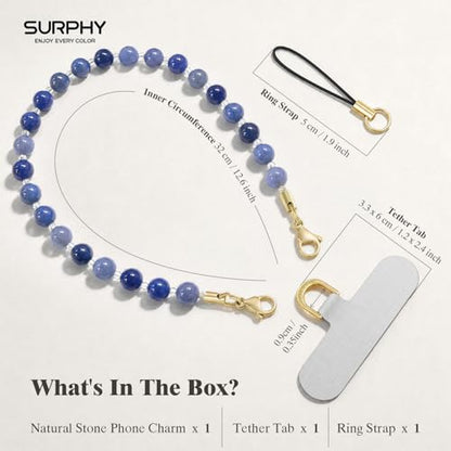 SURPHY Natural Stone Phone Charm, Beaded Phone Wrist Strap with Tether Tab - color: Aventurine Blue