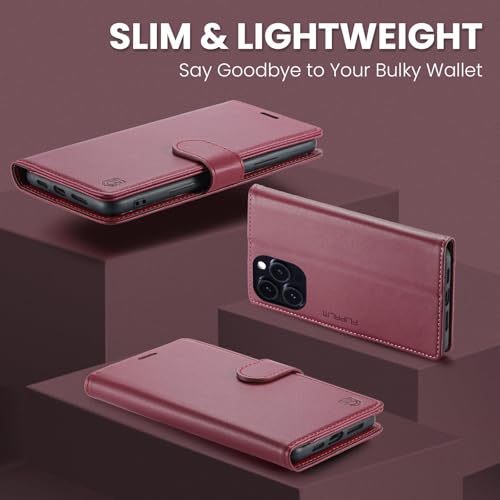 FLIPALM Card Holder Wallet Case for iPhone 15 Pro 6.1", Red | RFID Blocking, PU Leather Folio Flip, Kickstand, Protective Shockproof Cover - color: Red, size: iPhone 15 Pro - 6.1"