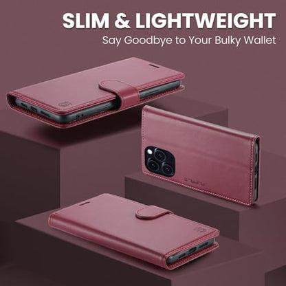 FLIPALM Card Holder Wallet Case for iPhone 15 Pro 6.1", Red | RFID Blocking, PU Leather Folio Flip, Kickstand, Protective Shockproof Cover - color: Red, size: iPhone 15 Pro - 6.1"