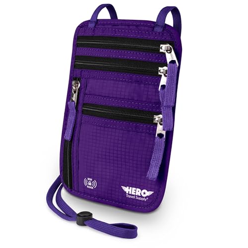 HERO Neck Wallet - RFID Blocking Passport Holder, Easy to Conceal Travel Pouch (Purple) - color: Purple