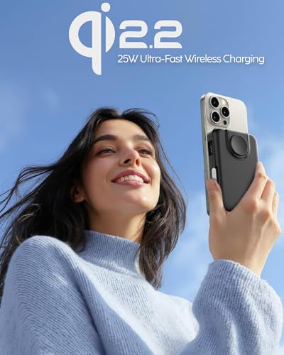 myCharge CliqLuxe Magnetic Wireless Power Bank 10,000mAh | iPhone & MagSafe Compatible | Qi2.2 25W Mag Safe Portable Charger | Built-in Stand | 2.5W Apple Watch Charger | Premium Black Fabric