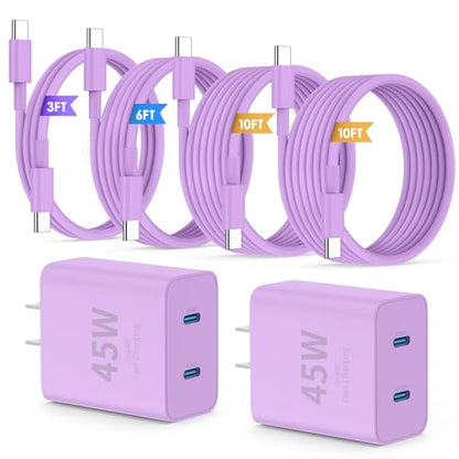 QZIIW iPhone 17 16 15 Pro Max Fast Charger,45W Dual Port USB C Fast Charger - color: Purple, size: 3FT+6FT+10FT+10FT