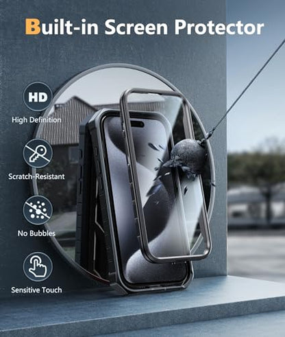 FNTCASE for iPhone 15 Pro Case, Built-in Screen Protector, Kickstand Black | Military-Grade Drop Protection, Anti-Slip Matte Textured, Rugged Heavy Duty Shockproof TPU Protective Cover - color: Black