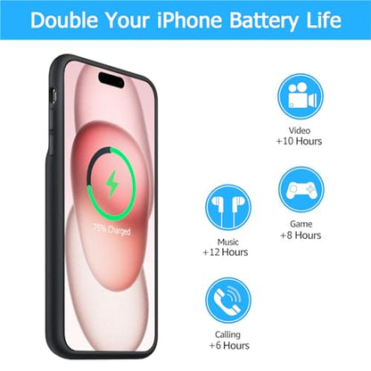 Battery Case for iPhone 15 Plus, [12000mAh] Enhanced Rechargeable Portable Qi Wireless Charger Case Battery Pack Support CarPlay Wireless Charging Case Compatible with iPhone 15 Plus (6.7 inch)-Black - size: iPhone 15 Plus