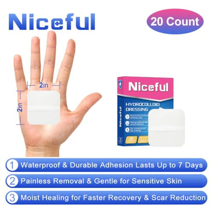 Niceful Hydrocolloid Bandages 2"x2" for Wound Care, 20 Count - size: 2" x 2" (20 Dressings)