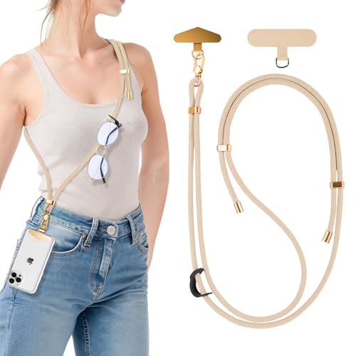 BestStone Crossbody Phone Lanyard Strap with 2 Tether Tabs (Nylon Pad + Metal Plate), Adjustable Cell Phone Lanyard - color: Khaki