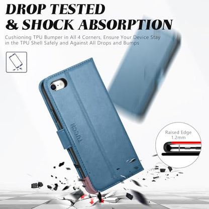 TUCCH Wallet Case for iPhone SE 2022/ iPhone 7/8/iPhone SE 2020, Lake Blue | 3 Card Holders, Kickstand, PU Leather, Shockproof TPU Shell, Magnetic Closure, Protective Folio Cover - color: Lake Blue