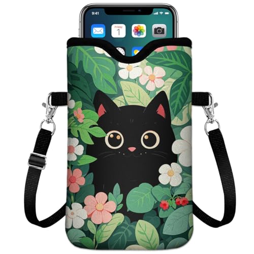 IRADA Neoprene Cell Phone Sleeve Pouch Case Bag with Crossbody Strap Neck Lanyard for Women Men 7.6 X 4.3 Inches-Black Cat Floral Shockproof Universal Phone Bag - color: Black Cat Floral-Phone Sleeve