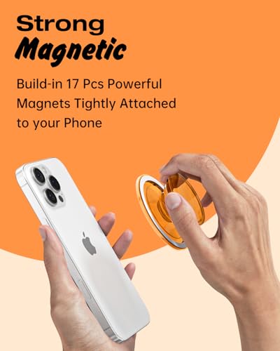 Svanove Magnetic Phone Grip Compatible with Magsafe, Mag Safe Translucent Clear Grip Collapsible Kickstand for iPhone Samsung Pixel, Cute Transparent Silicone Removable Phone Stand Holder, Orange - color: Orange, style: Magnetic