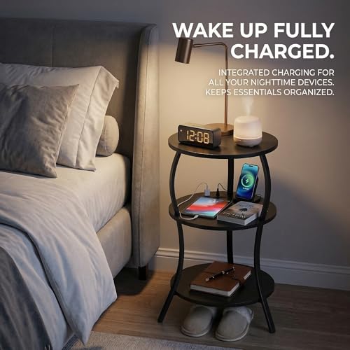 YEAKOO Small Side Table with Charging Station,3-Tier Round end Table - color: Black, style: USB Charger