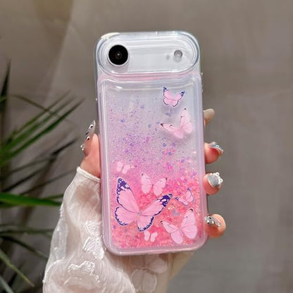 Compatible with iPhone Air Glitter Butterfly Case Glow in The Dark Women Girls Girly Bling Sparkle Flowing Quicksand Light up Soft TPU Bumper Luminous Clear Phone Cover, Purple - color: Pink, size: iPhone Air