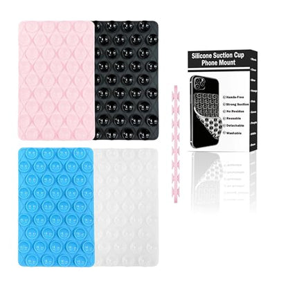 4 Pack Silicone Suction Cup Phone Case Mount Double Sided Detachable, Reusable Strong Grip Holder Hands-Free Phone Accessories for Selfies & Videos (Pink+Clear+Blue+Black) - color: Black+Blue+Clear+Pink