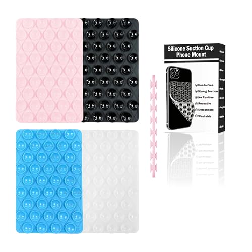 4 Pack Silicone Suction Cup Phone Case Mount Double Sided Detachable, Reusable Strong Grip Holder Hands-Free Phone Accessories for Selfies & Videos (Pink+Clear+Blue+Black) - color: Black+Blue+Clear+Pink