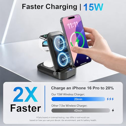 3 in 1 Wireless Charging Station for Apple - Foldable Wireless Charger Station - Travel Charger for Multiple Devices for iPhone 17 16 15 14 13 12 Pro Max Plus, Apple Watch, AirPods(Black)
