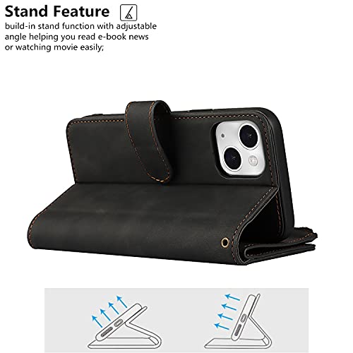 iCoverCase Compatible with iPhone 13 Wallet Phone Case with Card Holder, PU Leather Zipper Pocket Magnetic Detachable Flip Case with Wrist Strap (Black) - color: Detachable--Black