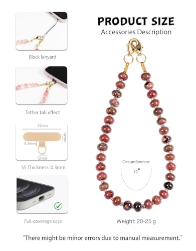 CH.yishi Beaded Phone Charm Wrist Strap with Tether Tab,Camera Lanyard - color: Red-Striped Rhodochrosite