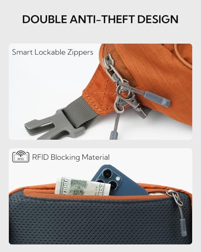 WATERFLY Small Fanny Pack RFID Blocking Travel Hiking Crossbody Waist Bag | Anti-theft design, Water resistant, Lockable zipper, Hidden rear pocket, Lightweight hip belt bag, EDC Running, Cycling, Gym - color: Brown