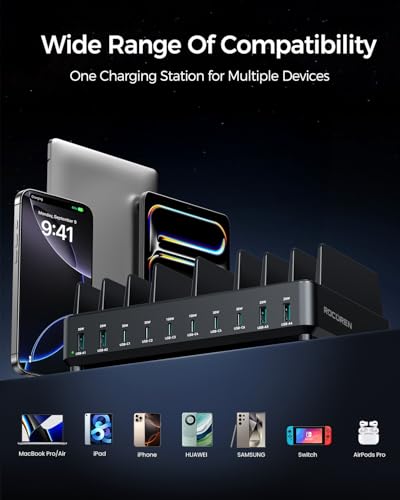 Rocoren 400W 10‑Port Charging Station,Dual PD 100W Dock w/ 6 Cables