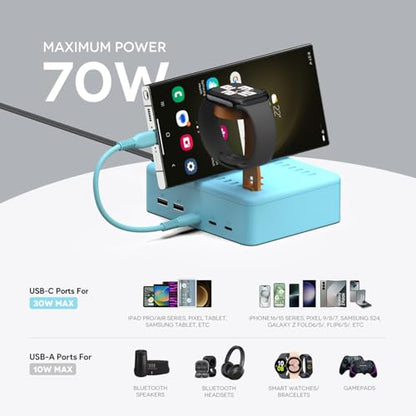 KFD 70W 65W 45W GaN Charging Station for Multiple Devices USB C Charger for MacBook Neo iPhone 17 Samsung S25 iPad Nintendo Switch 2 Charging Dock Organizer Fit Living Room/Kitchen/Bedroom/Nightstand