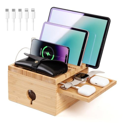 Bamboo Charging Station Organizer, with 5-Cables, No USB Charger - color: With Cables