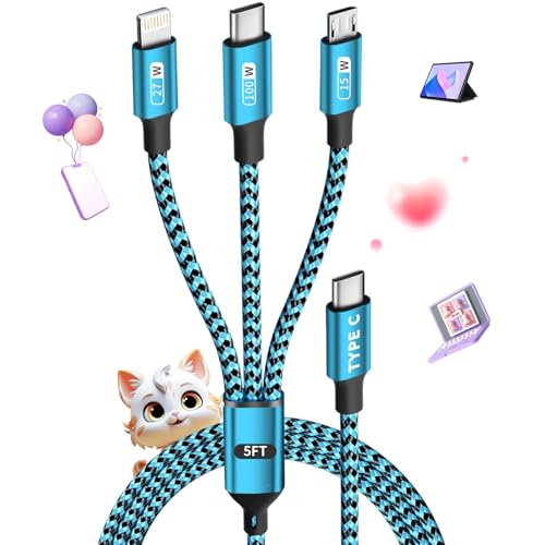 3 in 1 Multi Charging Cable Fast Charging 100W, USB C Cable 4FT 1Pack - color: Sky Blue&Black