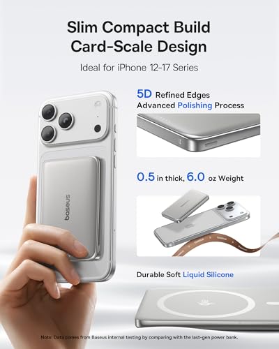 Baseus Picogo Power Bank, 0.5" Ultra Slim 10000mAh MagSafe Portable Charger, Upgraded CCC Certified 27W Fast Charging Magnetic Battery Pack, Alloy Wireless Charger for iPhone 17/16/15/14/13/12 - color: Polished Natural Titanium
