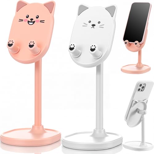 Kathfly 2 Pack Cute Phone Stand for Desk, Pink and White, Cat - color: Pink and White, style: Cat