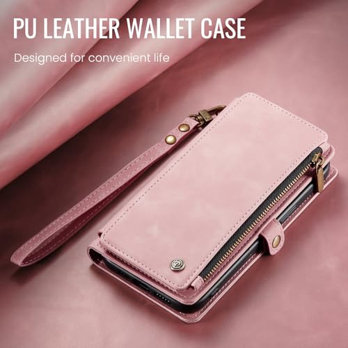 Defencase for iPhone 14 Plus Wallet Case with RFID Card Holder, Rose Pink | Durable Soft PU Leather, with Zipper Pocket, Wrist Strap, Fashion Snap Flip Phone Cases Cover with Stand for Women and Men - color: Rose Pink