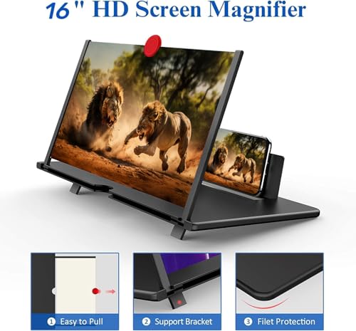 16" Screen Magnifier – 3D HD Cell Phone Magnifing Screen Enlarger Projector for Movies Videos and Gaming – Foldable Phone Stand Holder with Screen Amplifier Compatible with All Smartphones - color: Black-16inch