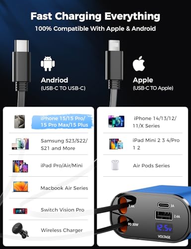 [Upgraded] SUPERONE Retractable Car Charger 4 in 1 Fast Phone Charger - color: Blue