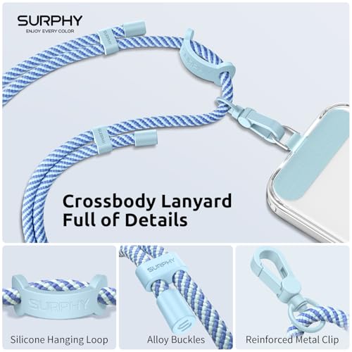 SURPHY Phone Lanyard, Adjustable Phone Strap Crossbody with 2 Pack Phone Tether Tab, Premium Metal Buckles and Two-Color Braided Cell Phone Lanyard Crossbody for Women and Men, Deep & Light Blue - color: Deep Blue + Light Blue