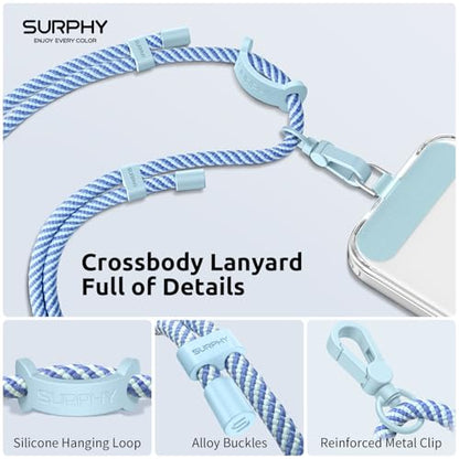 SURPHY Phone Lanyard, Adjustable Phone Strap Crossbody with 2 Pack Phone Tether Tab, Premium Metal Buckles and Two-Color Braided Cell Phone Lanyard Crossbody for Women and Men, Deep & Light Blue - color: Deep Blue + Light Blue