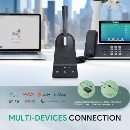 Yealink WH64 Mono DECT & Bluetooth Wireless Headset for Phone PC Cellphone - size: Mono