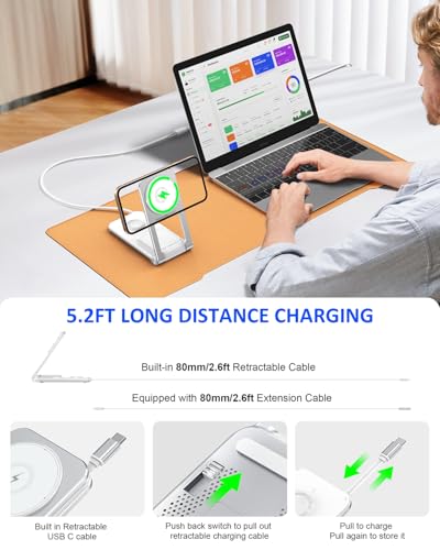 3 in 1 Magnetic Wireless Charger,Foldable Charging Station Built-in Retractable Cable,15W Portable Wireless Charging Stand for iPhone 16 15 14 13 12,Apple Watch,AirPods (20W Adapter) (White) - color: White