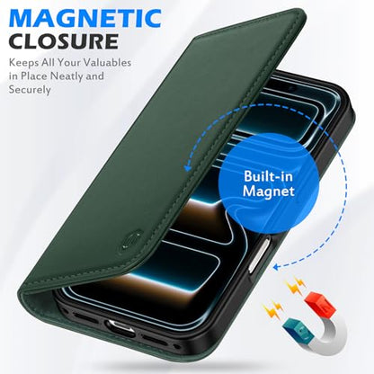 SHIELDON Genuine Leather Wallet Case for iPhone 17 Pro Max 6.9", Evergreen | RFID Blocking, Credit Card Holder, Magnetic Closure, Kickstand, Folio Design, Full Protection, Shockproof Phone Cover - color: Evergreen