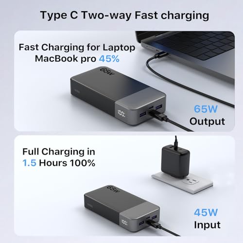 NOBIS 20000mAh Portable Charger 65W Power Bank Fast Charging - color: Black